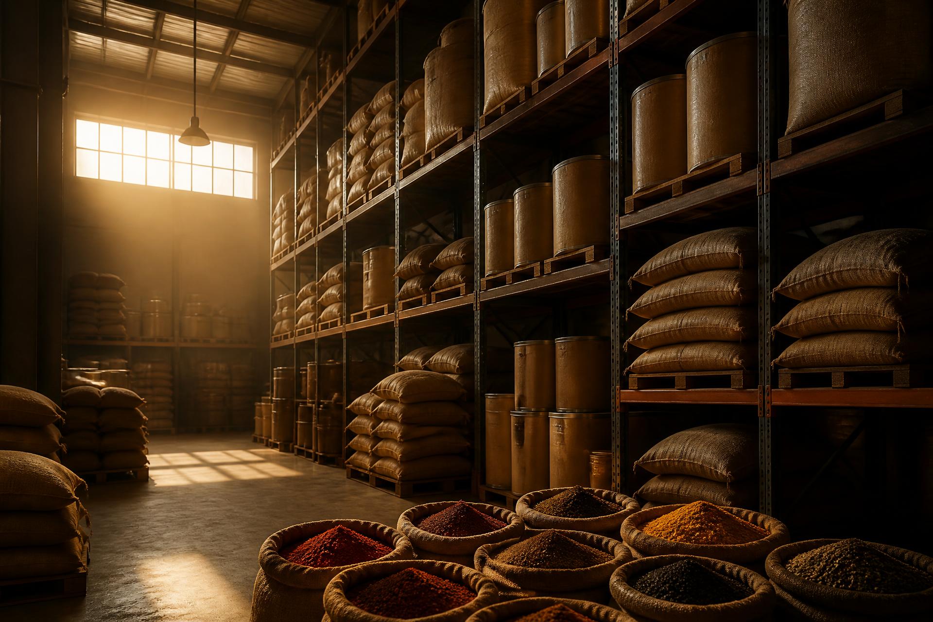 Racked burlap sacks and fiber drums inside the Trinity Fork Spice Works warehouse in West Dallas