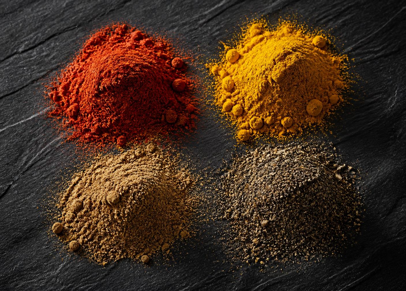 Ground paprika, turmeric, coriander and black pepper on slate